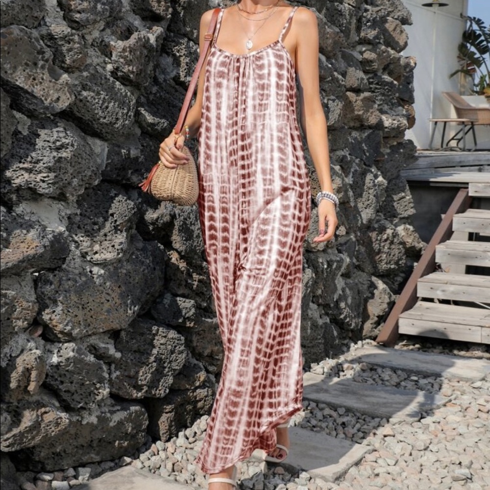 Boho Tie Dye Wide Leg Pants Pocket Jumpsuit - Picture 5 of 11